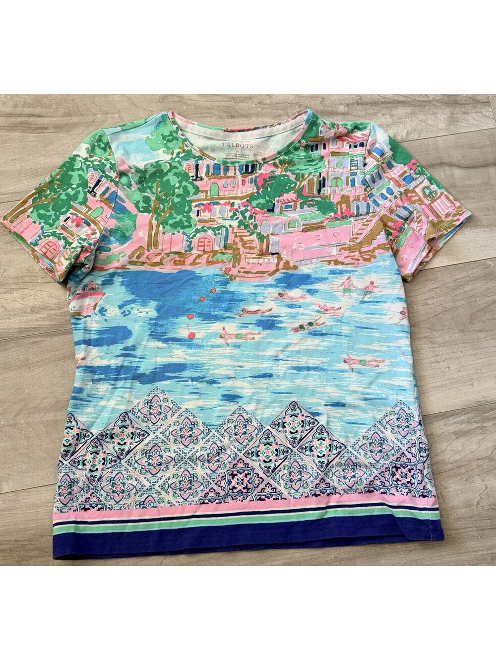 Talbots Cotton/Spandex Lake Como Destination Print Short Sleeve T-Shirt Size MED